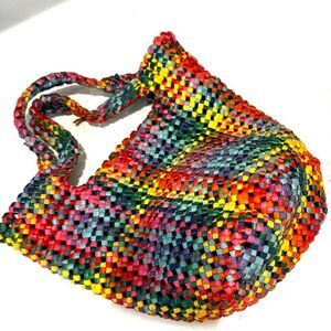 Woven rainbow leather, small carry-all mini tote bag